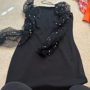 Thirty Thirty Black Dress with Sheer Pearl Sleeves